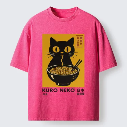 Tokyo-Tiger Cat Eating Ramen Poster Washed T-Shirt