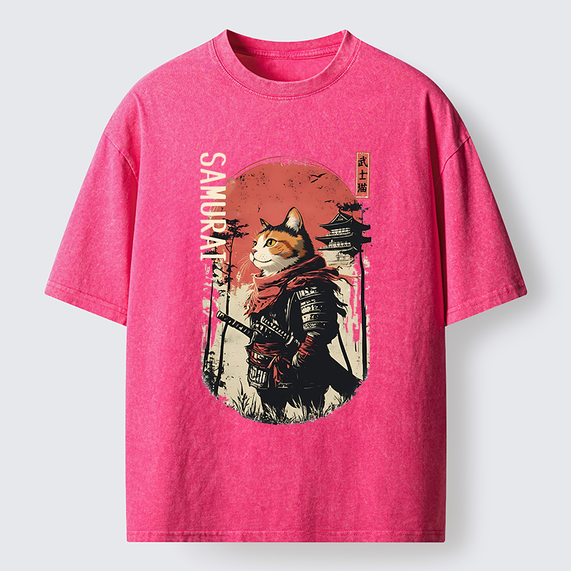 Tokyo-Tiger Lonely Cat Japanese Samurai Washed T-Shirt