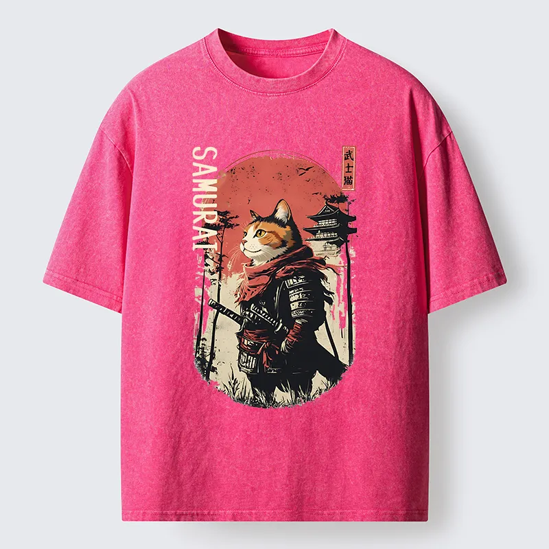 Tokyo-Tiger Lonely Cat Japanese Samurai Washed T-Shirt