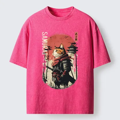 Tokyo-Tiger Lonely Cat Japanese Samurai Washed T-Shirt