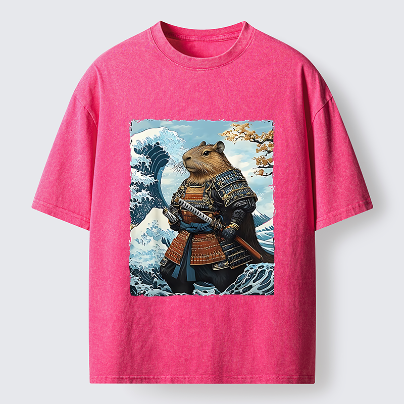Tokyo-Tiger Capybara Japanese Samurai  And Waves Washed T-Shirt