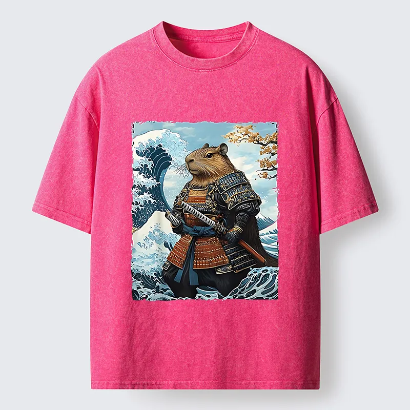 Tokyo-Tiger Capybara Japanese Samurai  And Waves Washed T-Shirt