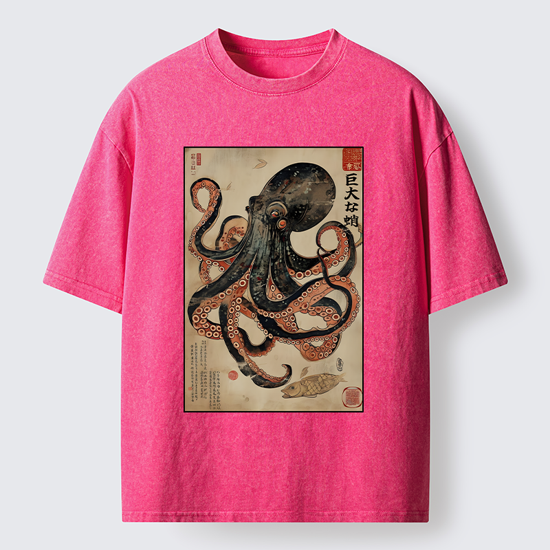 Tokyo-Tiger Retro Octopus Painting Washed T-Shirt