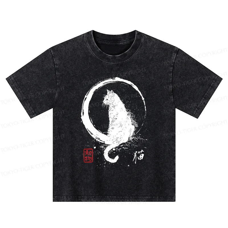 Tokyo-Tiger Retro Japanese Black Cat Kids Washed T-Shirt