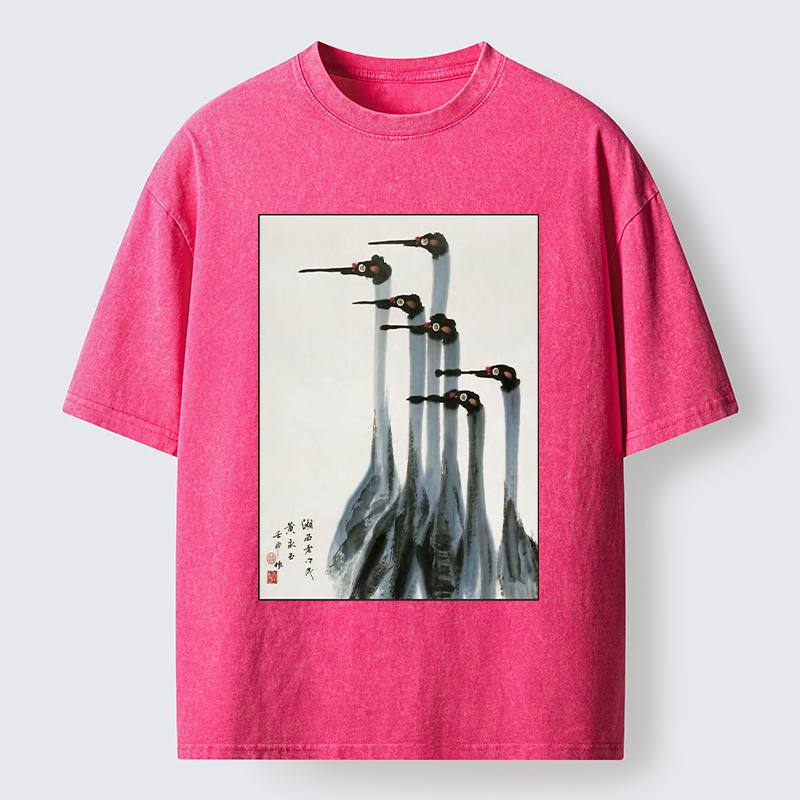 Tokyo-Tiger Retro Crane Painting Washed T-Shirt