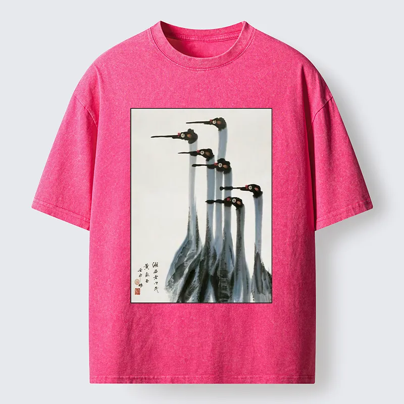 Tokyo-Tiger Retro Crane Painting Washed T-Shirt