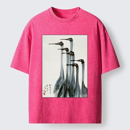 Tokyo-Tiger Retro Crane Painting Washed T-Shirt