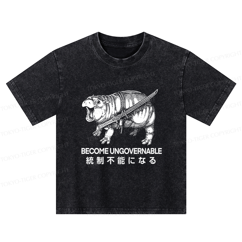 Tokyo-Tiger Moo Deng Carrying A Samurai Sword Kids Washed T-Shirt