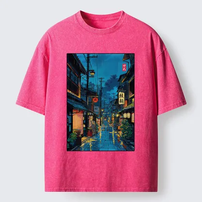 Tokyo-Tiger Japanese Teahouse Street Scene Washed T-Shirt