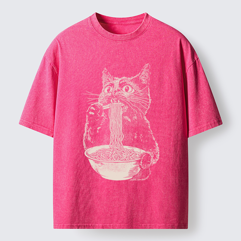 Tokyo-Tiger Black Cat Eats A Large Portion Of Ramen Washed T-Shirt