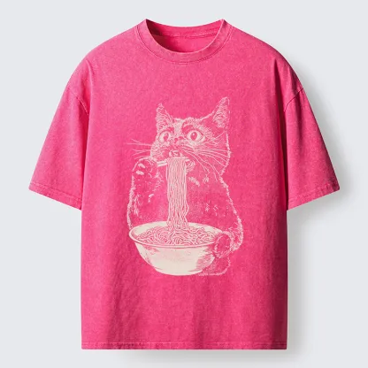 Tokyo-Tiger Black Cat Eats A Large Portion Of Ramen Washed T-Shirt