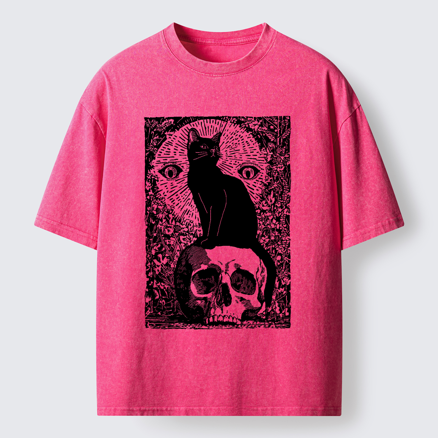 Tokyo-Tiger Black Cat Sitting On the Skull Washed T-Shirt