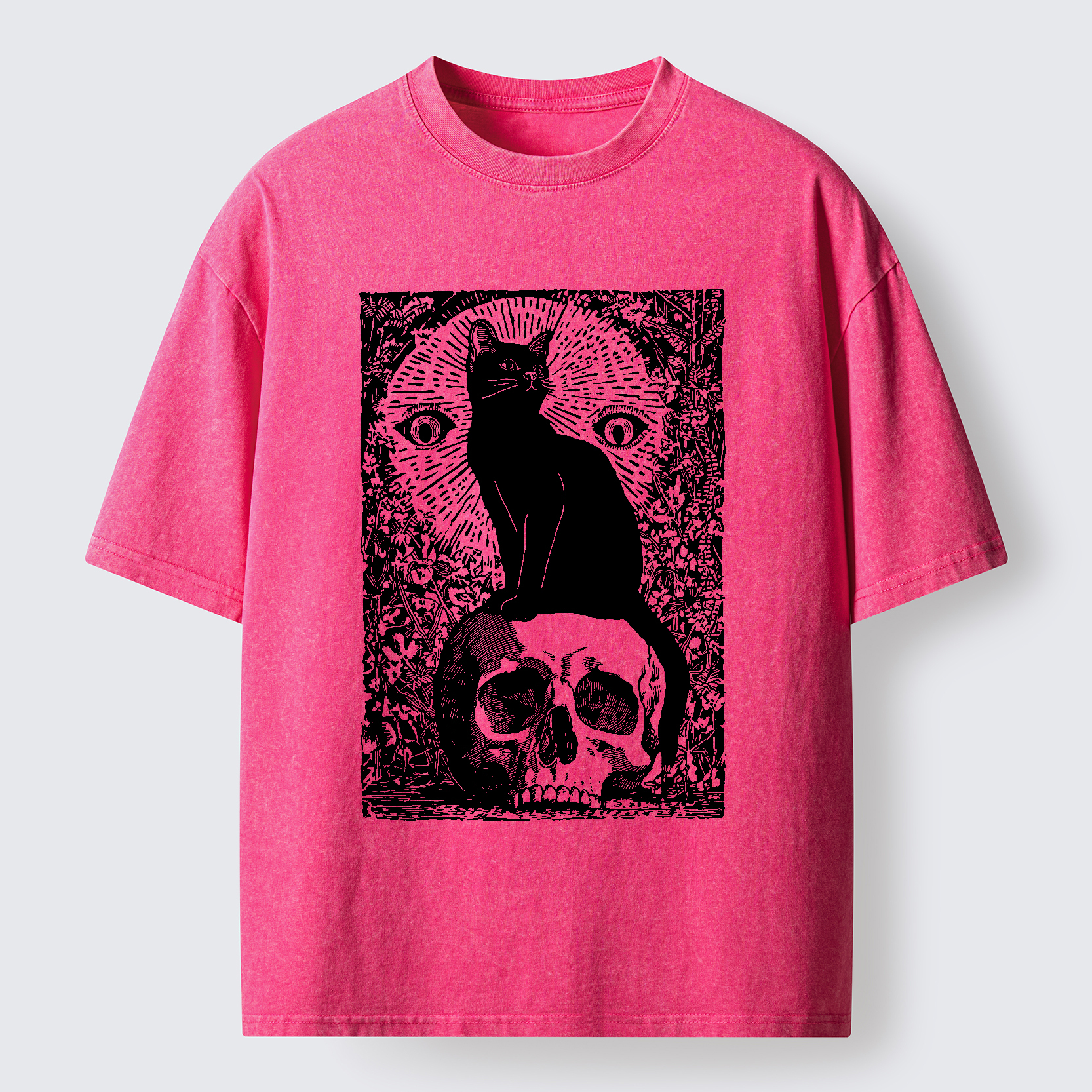 Tokyo-Tiger Black Cat Sitting On the Skull Washed T-Shirt