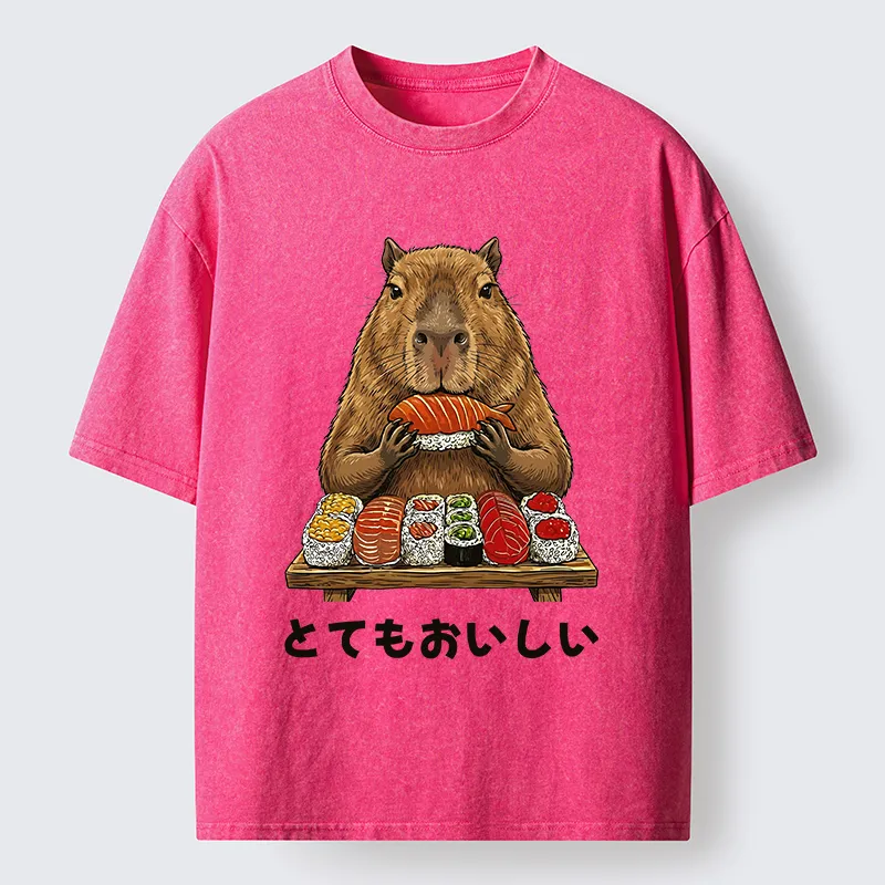 Tokyo-Tiger Capybaras Eat Sushi Washed T-Shirt