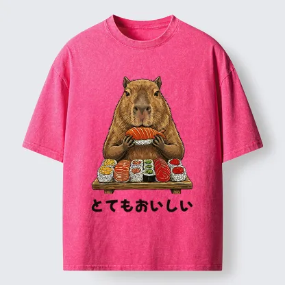 Tokyo-Tiger Capybaras Eat Sushi Washed T-Shirt