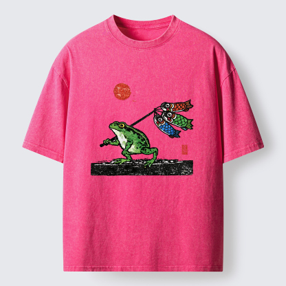 Tokyo-Tiger The Frog Carrying Carp Flags Washed T-Shirt