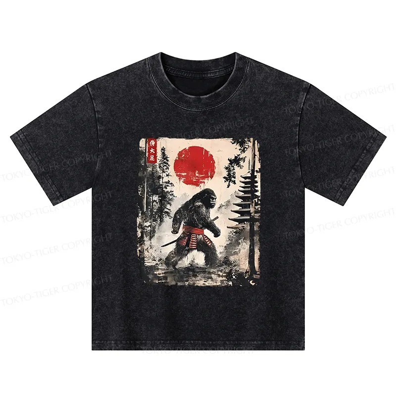 Tokyo-Tiger Japanese Samurai Bigfoot Kids Washed T-Shirt