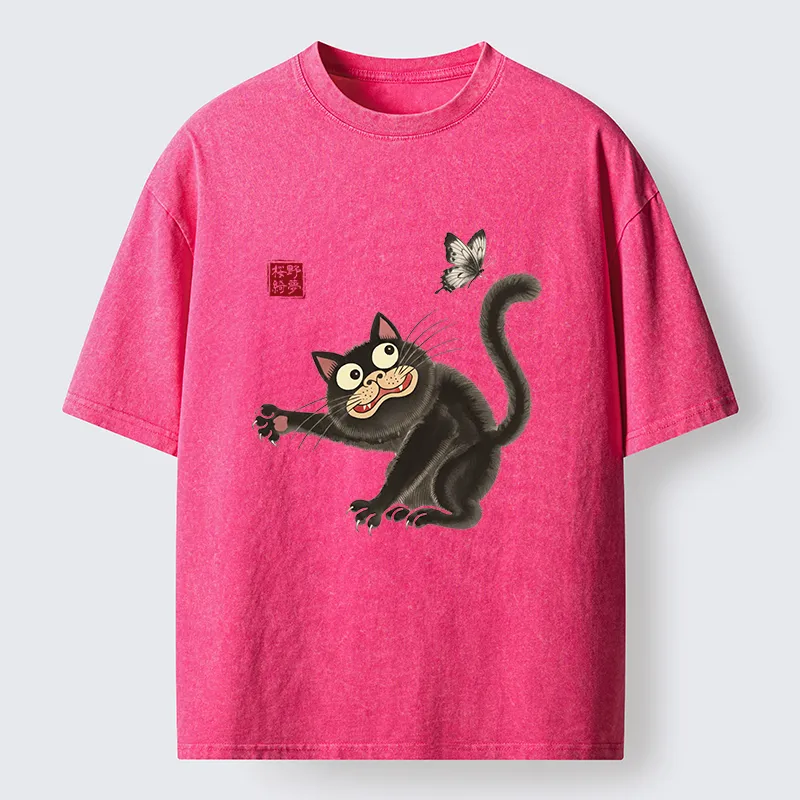 Tokyo-Tiger Cat Catching Butterflies Washed T-Shirt