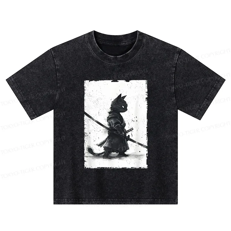 Tokyo-Tiger Retro Cat Samurai Japanese Kids Washed T-Shirt