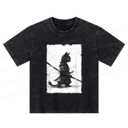 Tokyo-Tiger Retro Cat Samurai Japanese Kids Washed T-Shirt