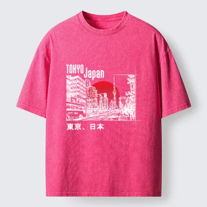 Tokyo-Tiger Bustling Street Scene In Japan Washed T-Shirt