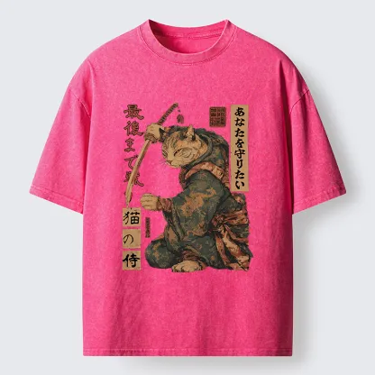 Tokyo-Tiger Retro Cat Japanese Samurai Washed T-Shirt