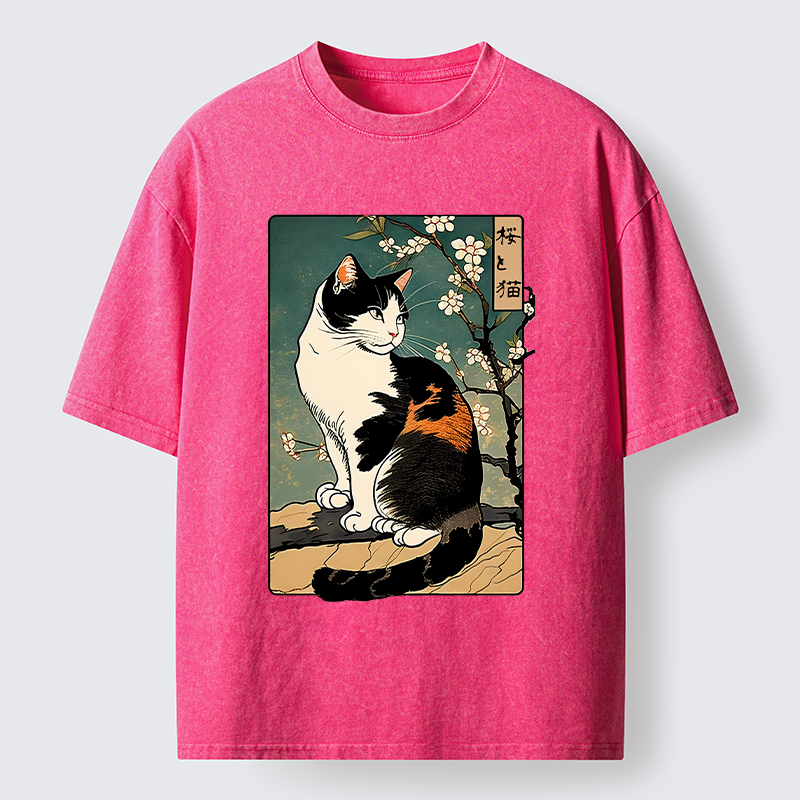 Tokyo-Tiger The Cat Under the Sakura Washed T-Shirt