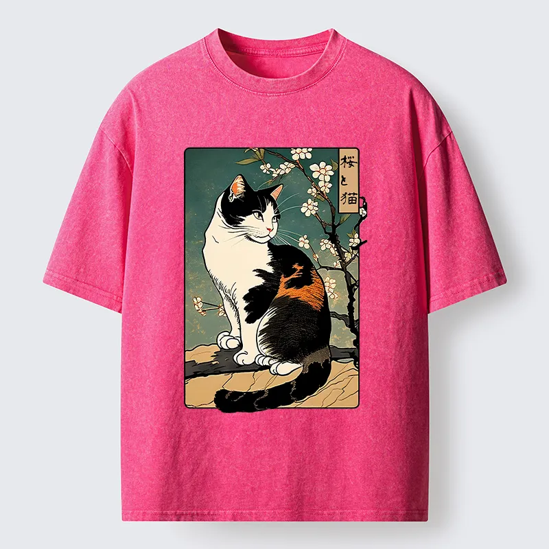 Tokyo-Tiger The Cat Under the Sakura Washed T-Shirt