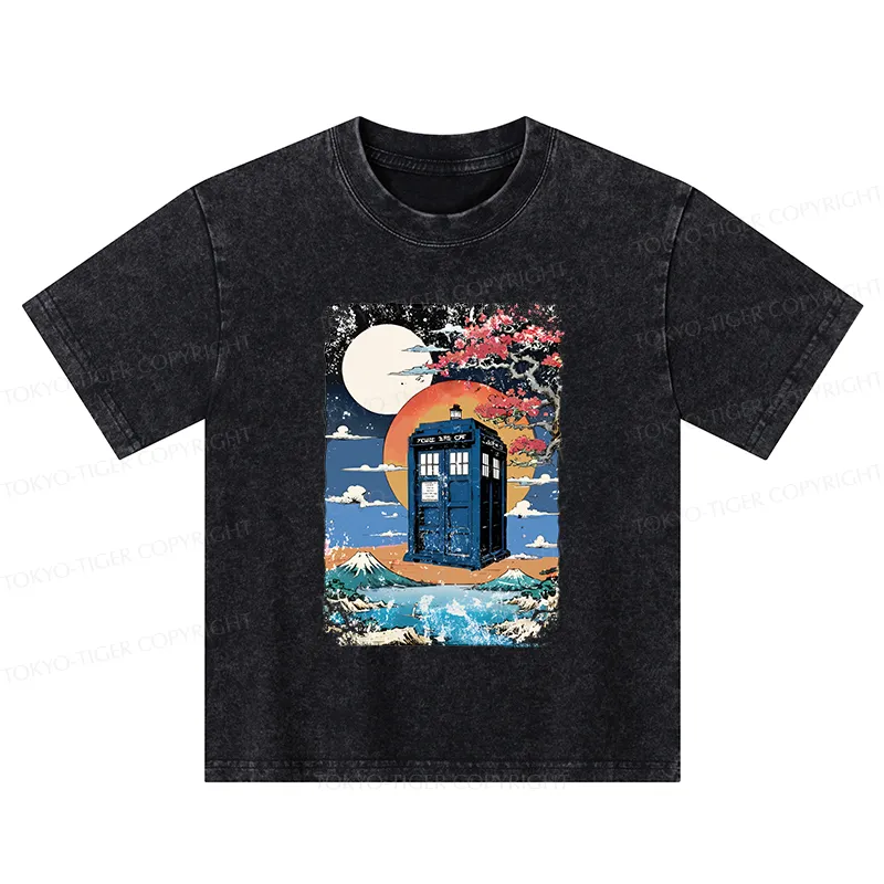 Tokyo-Tiger Tardis Under The Moonlight Kids Washed T-Shirt