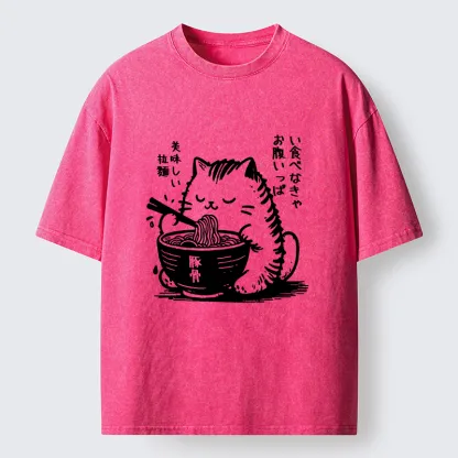 Tokyo-Tiger Cute Cat Eating Ramen Washed T-Shirt