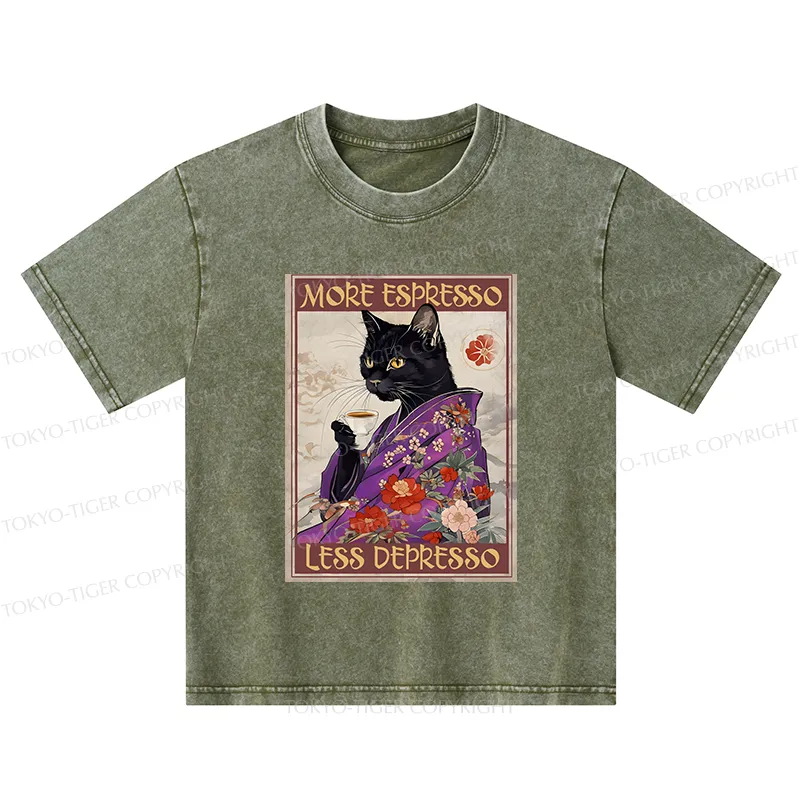 Tokyo-Tiger Japanese Cat Drinking Coffee Kids Washed T-Shirt