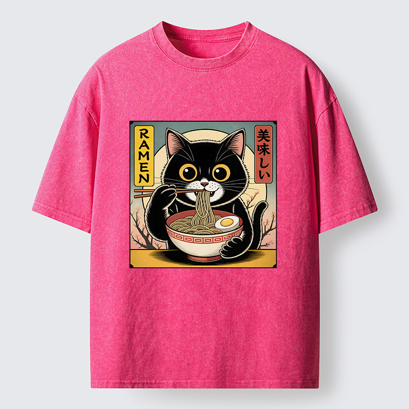 Tokyo-Tiger Black Cat Eats A Big Bowl Of Ramen Funny Washed T-Shirt