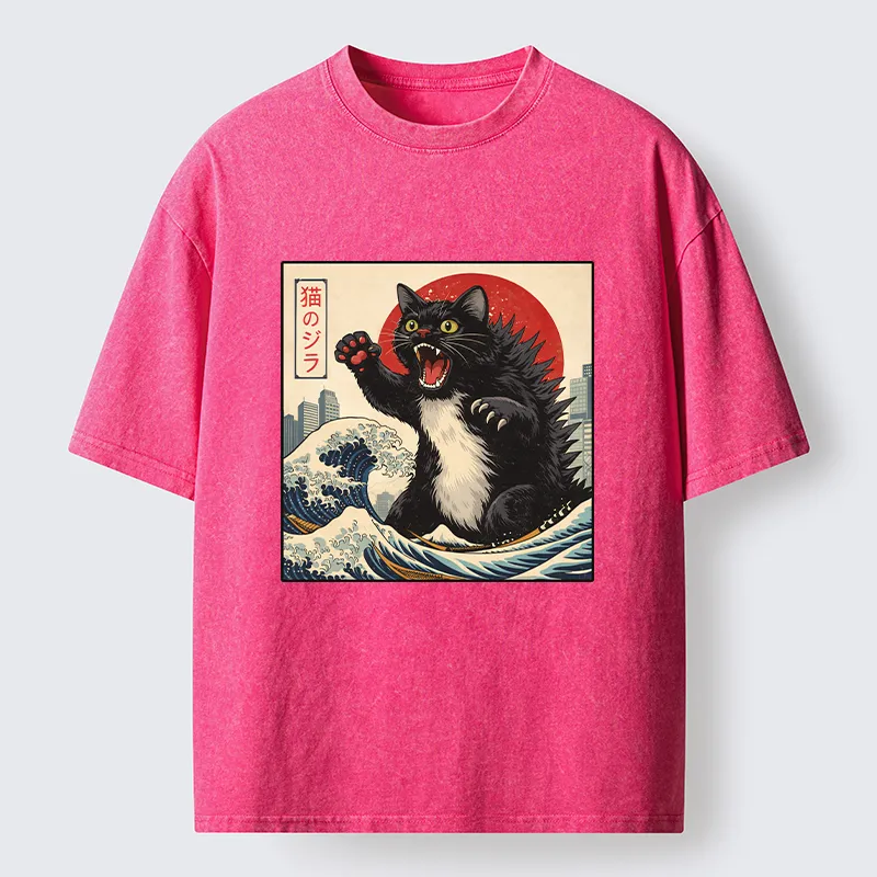 Tokyo-Tiger Black Cat Eats A Big Bowl Of Ramen Funny Washed T-Shirt