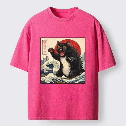 Tokyo-Tiger Black Cat Eats A Big Bowl Of Ramen Funny Washed T-Shirt