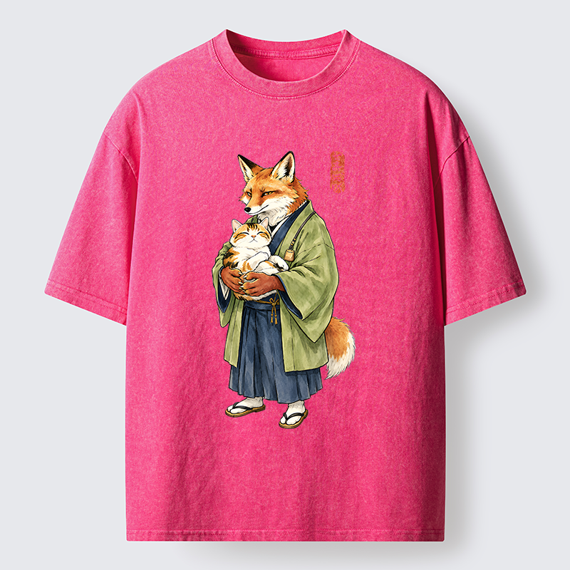 Tokyo‑Tiger Kimono Fox Holding Cat Washed T‑Shirt
