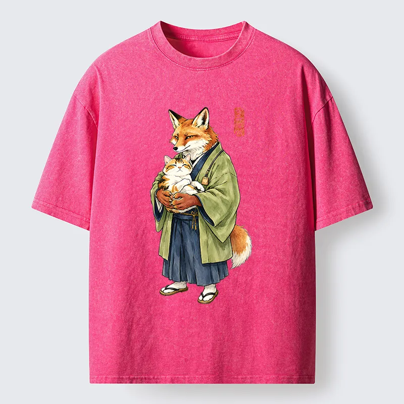 Tokyo‑Tiger Kimono Fox Holding Cat Washed T‑Shirt