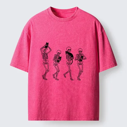 Tokyo‑Tiger Funny Skeleton Cat Meme Washed T‑Shirt