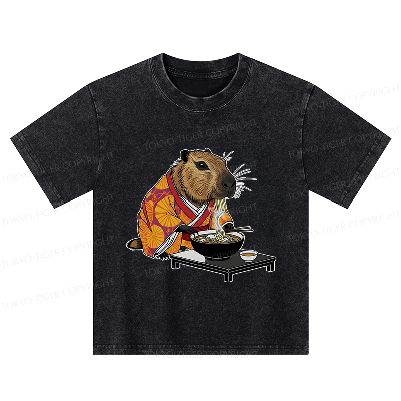 Tokyo-Tiger Cute Capybara Eating Ramen Kids Washed T-Shirt