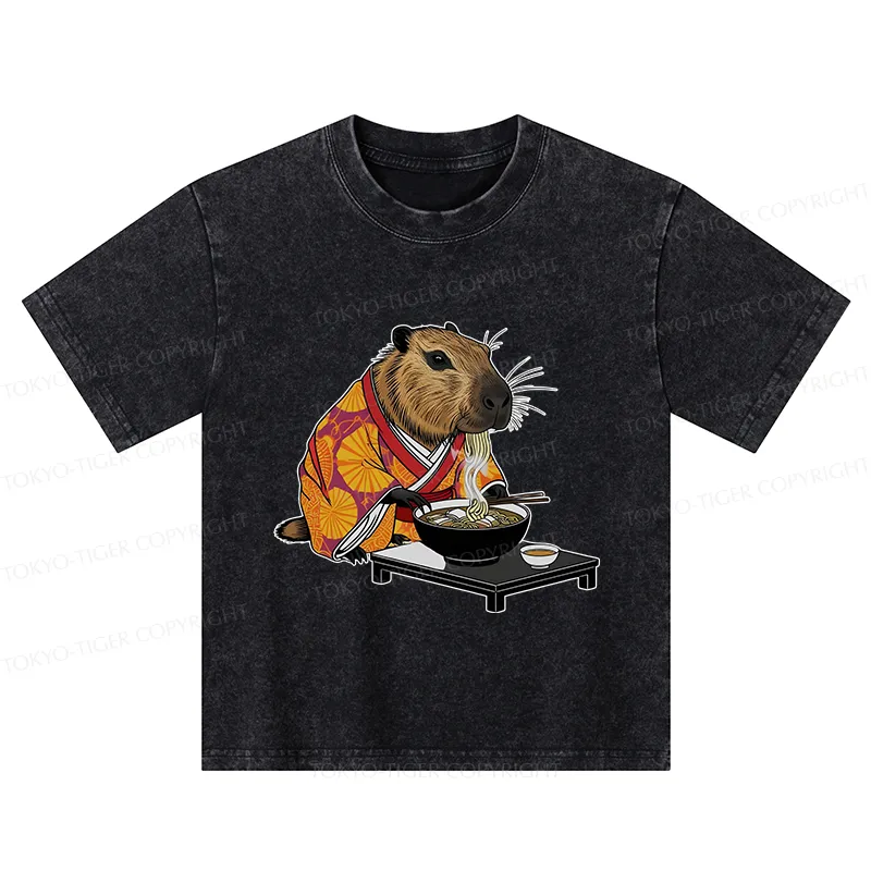 Tokyo-Tiger Cute Capybara Eating Ramen Kids Washed T-Shirt