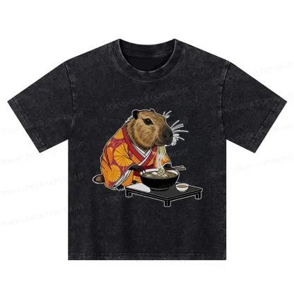 Tokyo-Tiger Cute Capybara Eating Ramen Kids Washed T-Shirt