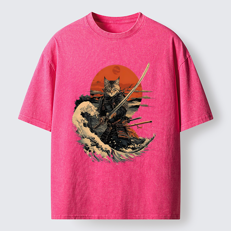Tokyo-Tiger Handsome Cat Samurai Japanese Washed T-Shirt
