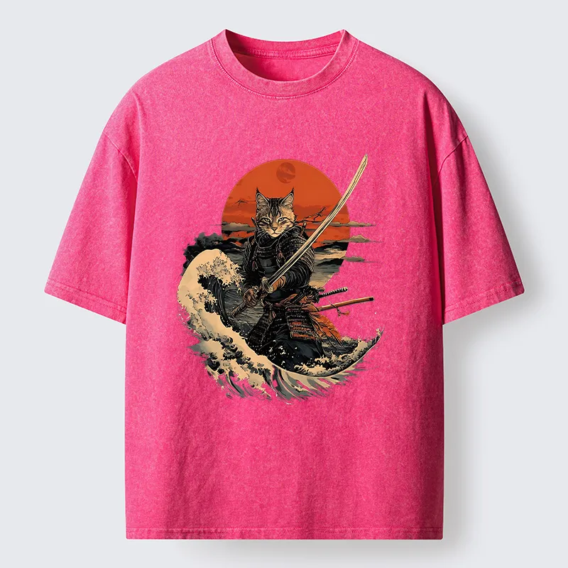 Tokyo-Tiger Handsome Cat Samurai Japanese Washed T-Shirt