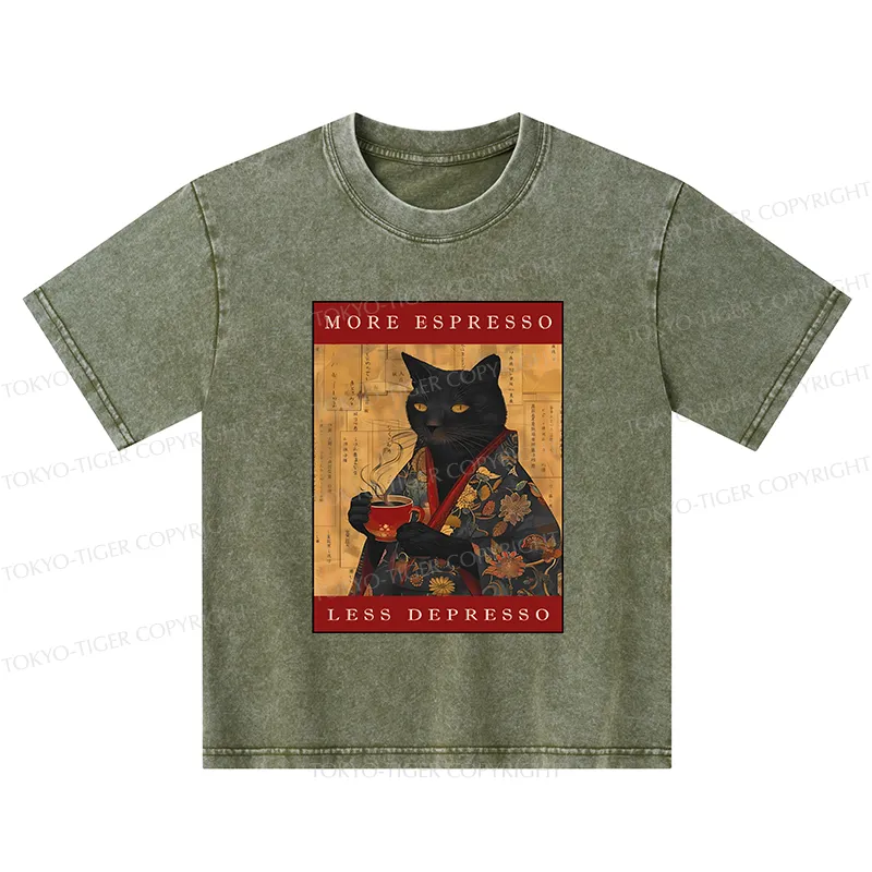 Tokyo-Tiger More Espresso Less Depresso Cat Kids Washed T-Shirt