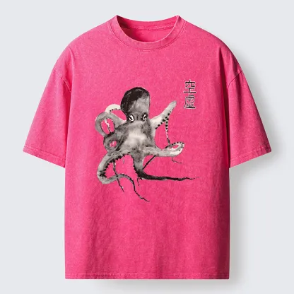 Tokyo-Tiger Octopus Ink Painting Washed T-Shirt