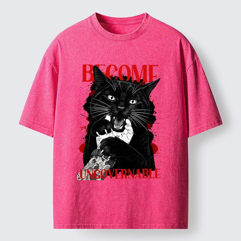 Tokyo-Tiger Biting Black Cat Washed T-Shirt