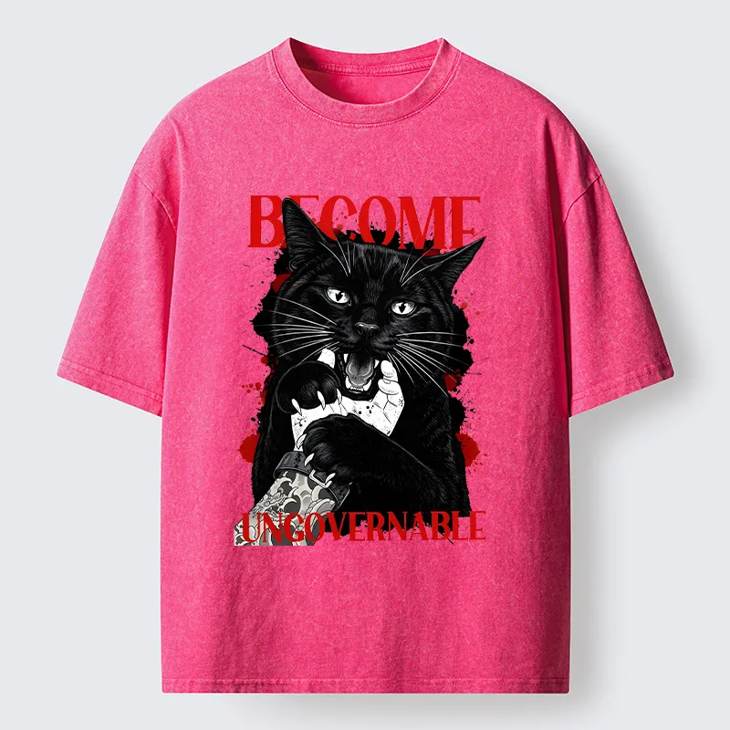 Tokyo-Tiger Biting Black Cat Washed T-Shirt