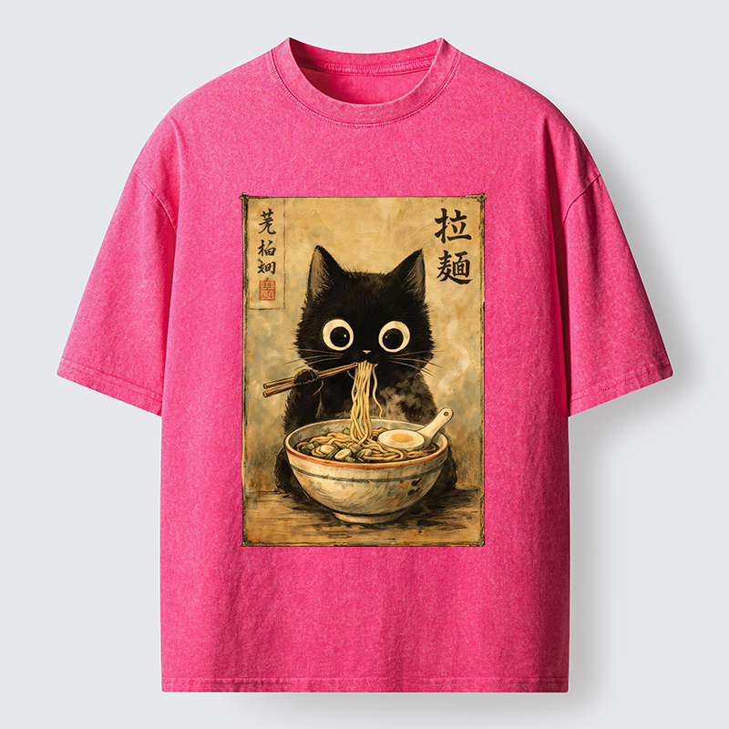 Tokyo-Tiger Cute Black Cat Eating Japanese Ramen Washed T-Shirt