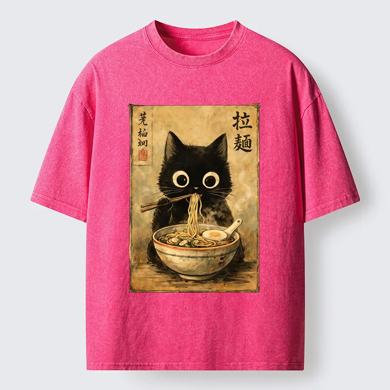 Tokyo-Tiger Cute Black Cat Eating Japanese Ramen Washed T-Shirt
