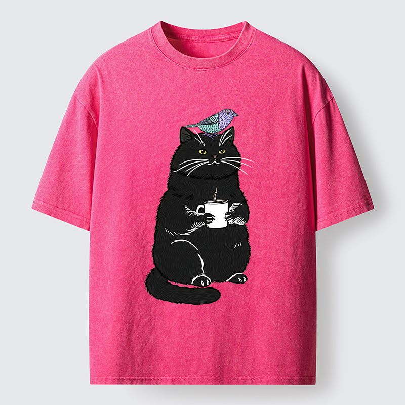 Tokyo-Tiger Black Cat And Bird Washed T-Shirt