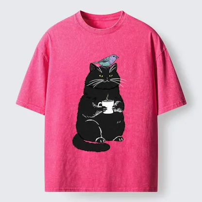 Tokyo-Tiger Black Cat And Bird Washed T-Shirt